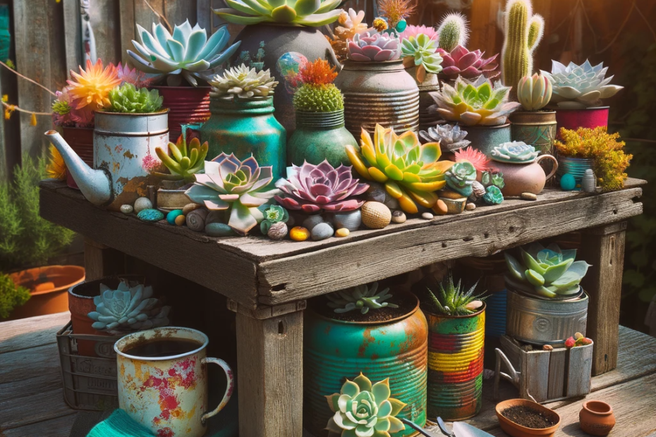 Succulent Garden in Recycled Containers